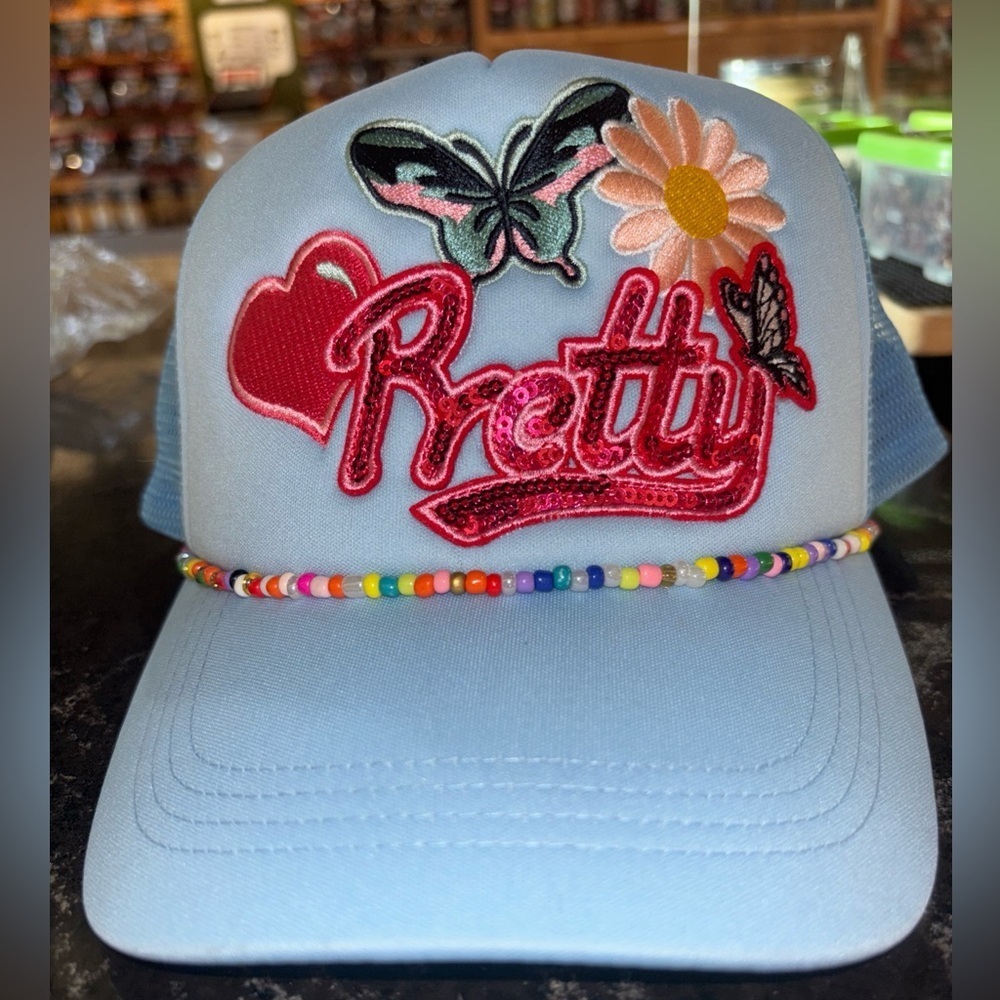 The Spring shop  Beaded Rhinestone Heart Butterfly Daisy Adjustable Cap NWT